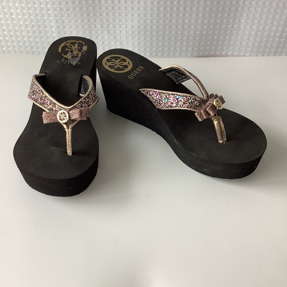 Black Guess Saide Platform Sandals Thong Sparkle Strap w/ Bow 9M